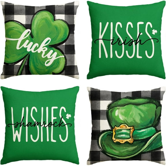 ST Patricks Day Buffalo Plaid Lucky Clover Hat Irish Kisses Shamrocks Wishes Throw Pillow Covers, 18 x 18 Inch Decoration for Sofa Couch Set of 4