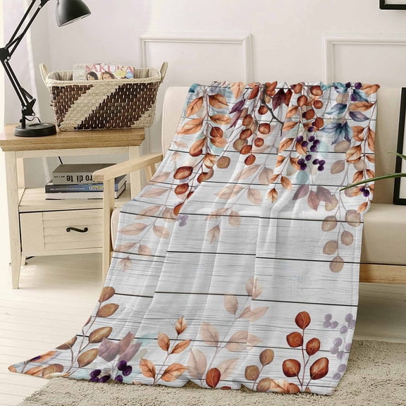 Fleece Blanket Burnt Orange Eucalyptus Leaf Blankets, Soft Cozy Warm Flannel Throw Blanket, Farm Vintage Wood Board Blanket for Bed Couch Sofa,40x50In