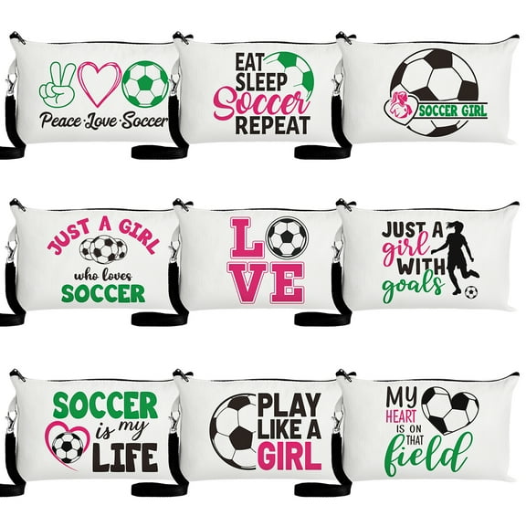 Haooryx Football Print Canvas Cosmetic Bag, 21x13cm Small Makeup Pouch with Zipper & Hanging Strap for Party Favors Gifts,9pcs