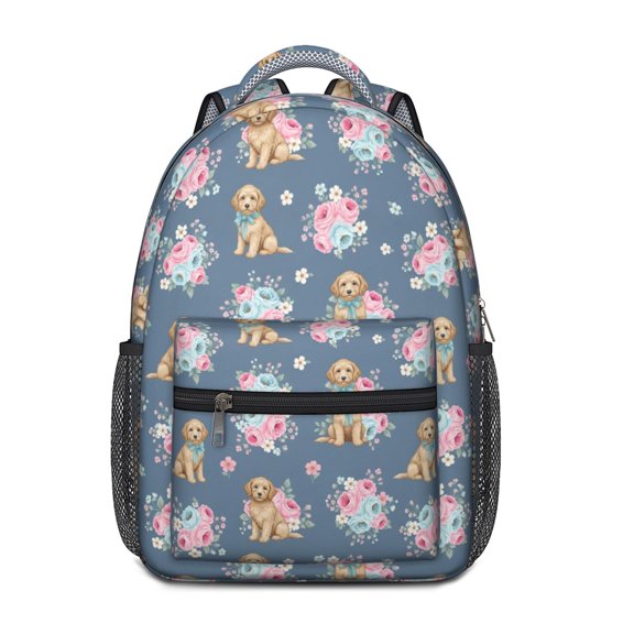 Golden Retriever Puppy and Flora Backpack for School, Cute School Bag with Adjustable Shoulder Straps and Padded Back, 15.3"x11"x6.7"