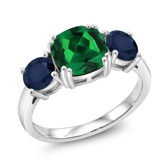 Gem Stone King 925 Sterling Silver Green Nano Emerald and Blue Sapphire 3 Stone Engagement Ring for Women (3.70 Cttw, Gemstone May Birthstone, Cushion 8MM, Size 5)