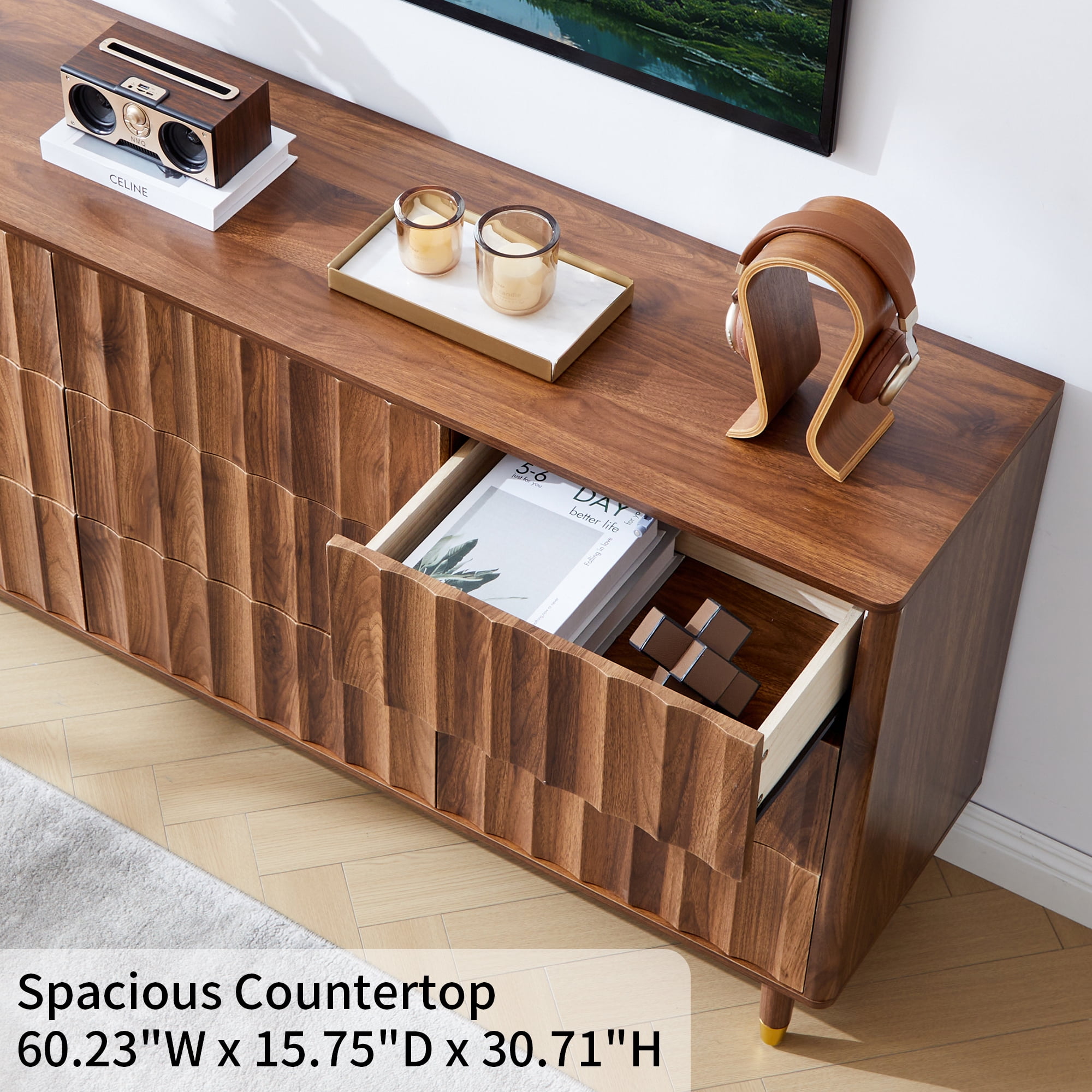 LEFHDA Fluted 9-Drawer Dresser for Bedroom with Deep Drawers, 60" Wide Mid Century Modern Chest of Drawers, Wooden Dresser TV Stand for Living Room, Hallway, Closet (Walnut)