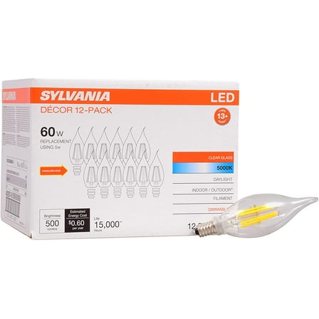 (12 bulbs) Sylvania 40207 Decorative Decor LED Candle, Bent Tip, 500 Lumen, Filament, Dimmable Daylight Indoor Outdoor 60 watt replacement Light Bulb