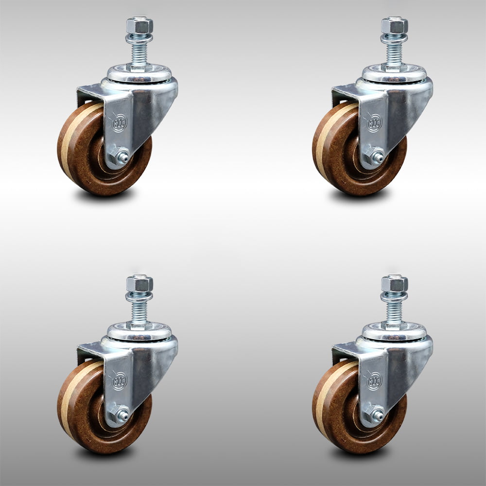 Stainless Steel High Temp Phenolic Swivel Threaded Stem Caster Set 4 w/3 x 1.25 Brown Wheels&10MM Metric Stems-Includes 2 with Total Locking Brake-1200 lbs Total Cpty-Service Caster Brand 