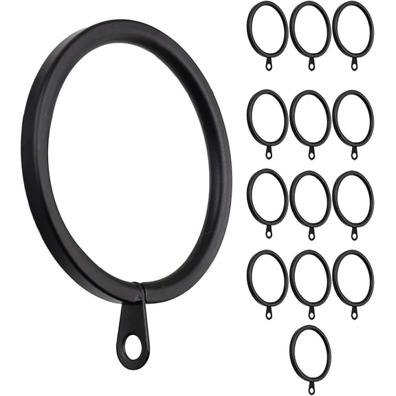 MERIVILLE 14-Pack Metal Flat Curtain Rings with Eyelets, 1.5-Inch Inner Diameter, Fits Up to 1.25-Inch Curtain Rods, Black