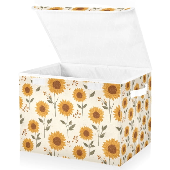 Yayeee Collapsible Cube Storage Bin with Lid Fabric Closet Decorative Basket with Handles, Beige Sunflower Pattern