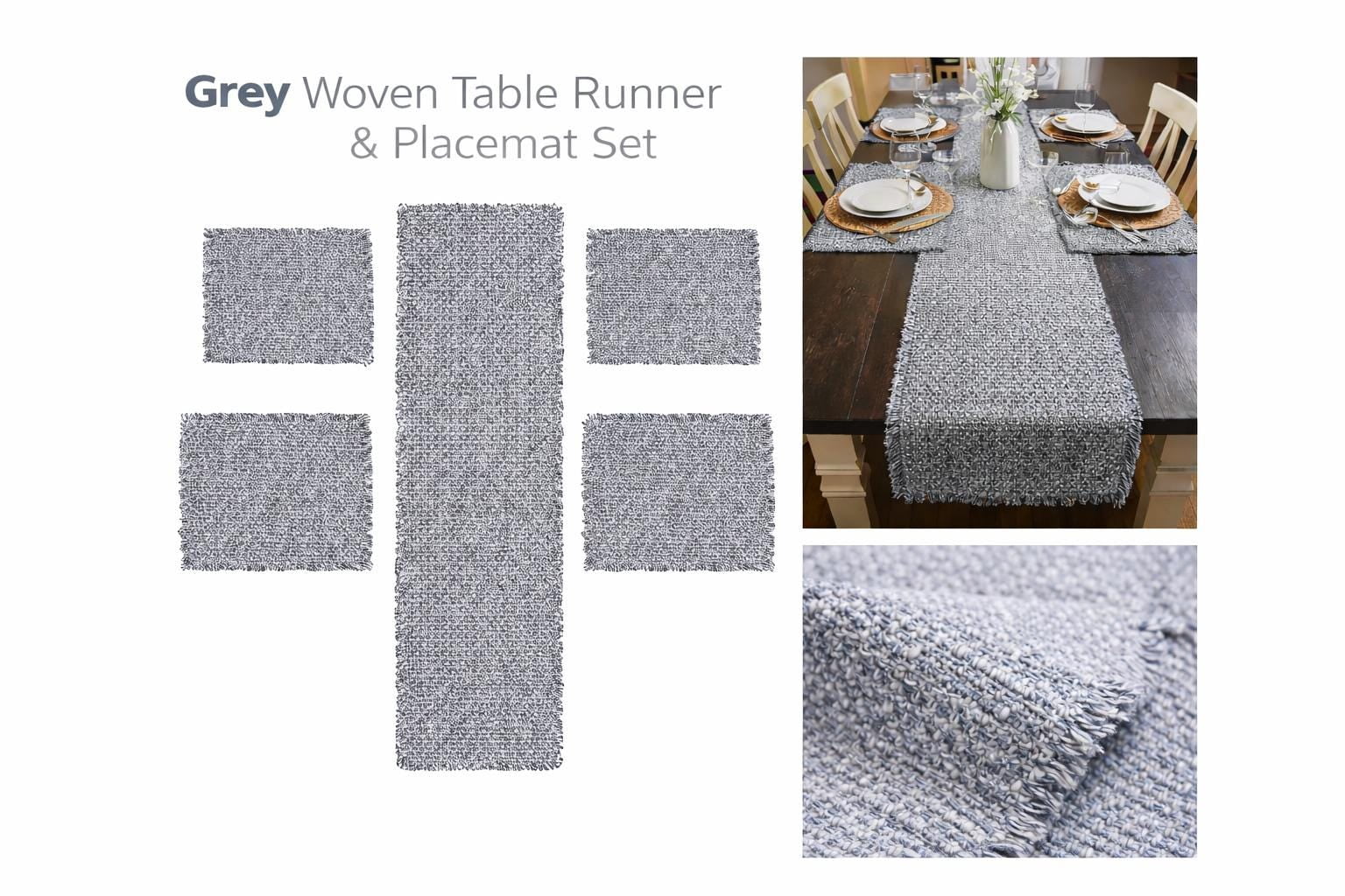 181 Degrees Table Runner 19x92 with Placemats 14x19 Set, Gray Farmhouse Table Decor, Textured Dining Table Runner & Placemat Set