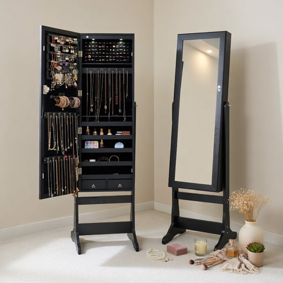 Resenkos Jewelry Armoire Cabinet, Jewelry Storage Chest,Lockable Freestanding Jewelry Cabinet Armoire with Full-Length Mirror and Lights-Black