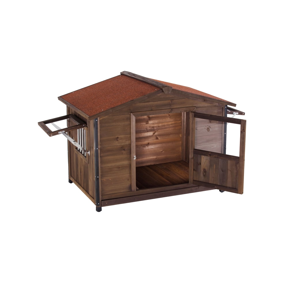 Large Outdoor Wooden Dog Kennel with Iron Frame, Cabin Style