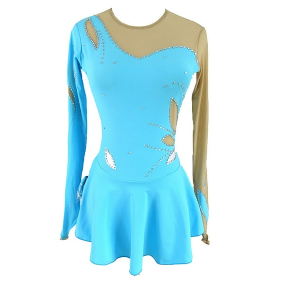 LIUHUO Custom Long sleeved Figure Skating Dress Girls Ladies Blue Spandex with Diamond Decor Leaf Pattern
