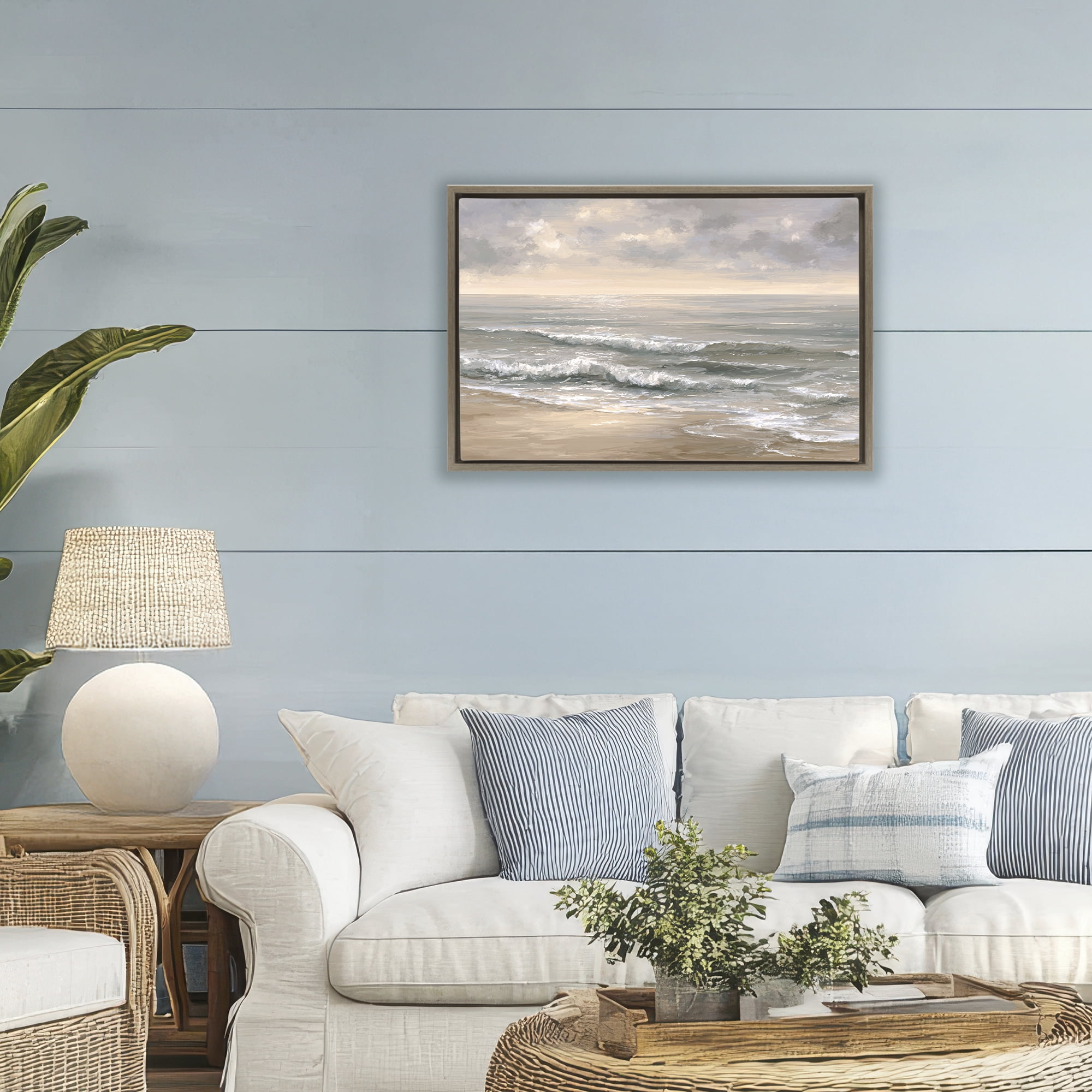 Stupell Industries Soft Rolling Beach Waves Brown Framed Floater Canvas Wall Art, design by Jacky Ngan