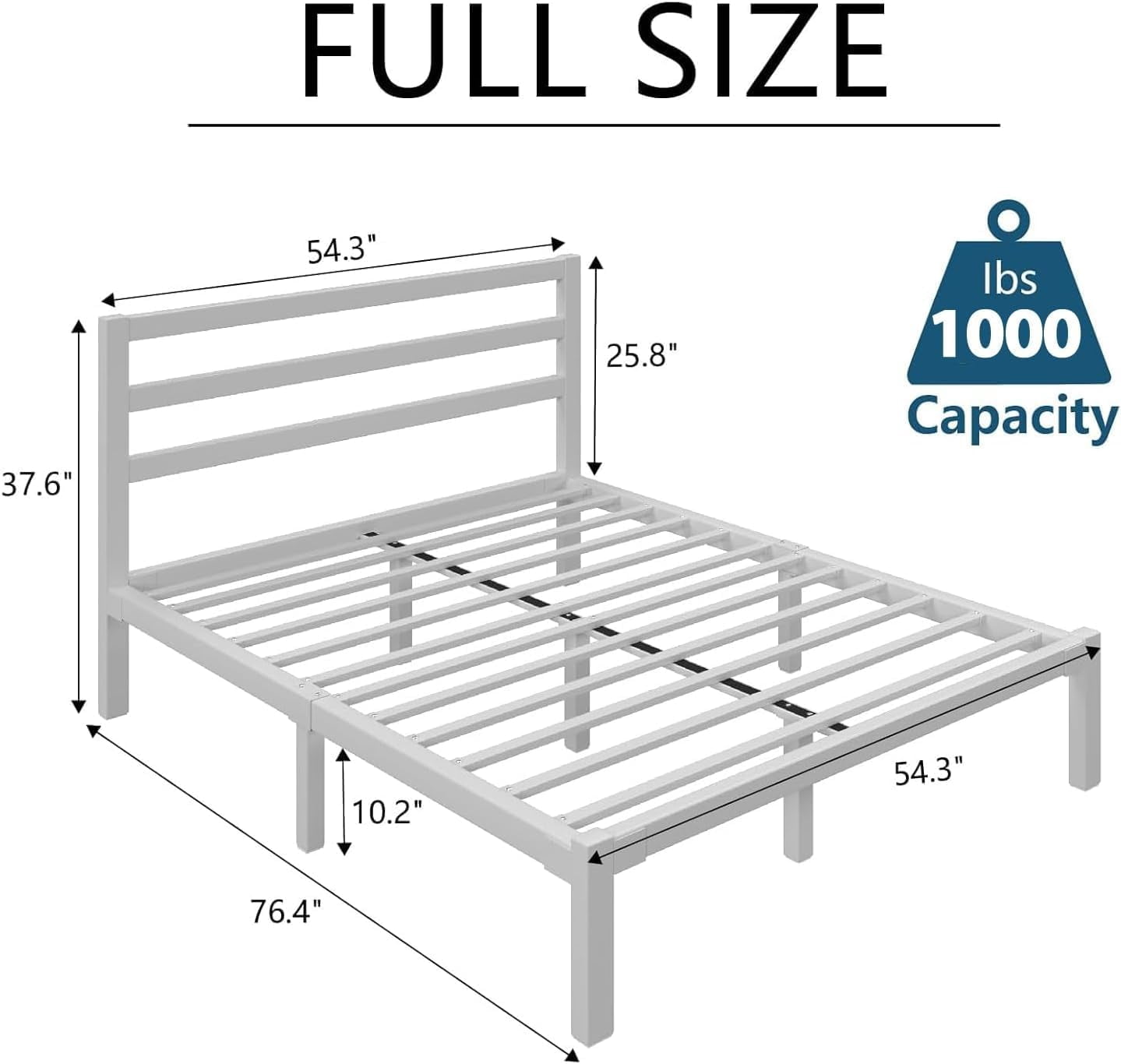 Full Size Metal Platform Bed Frame with Headboard, Heavy Duty Steel Slat Support, Under-Bed Storage, No Box Spring Needed, White