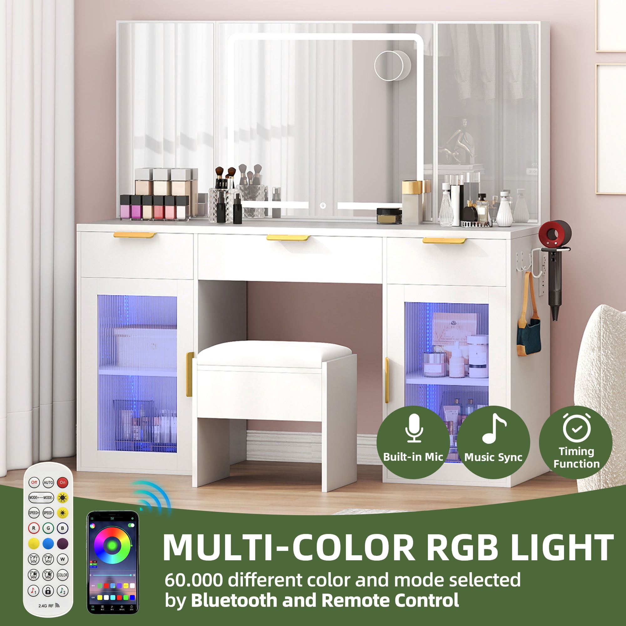 Uforic Vanity Desk Set with Tri-Fold Mirror & Power Outlet, White Makeup Vanity Table with 3 Drawers