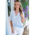 thumbnail image 3 of Women's Sky Blue Stripe Short Sleeve V Neck Bow Knot Sweater – Casual Summer Style, XL, 3 of 5