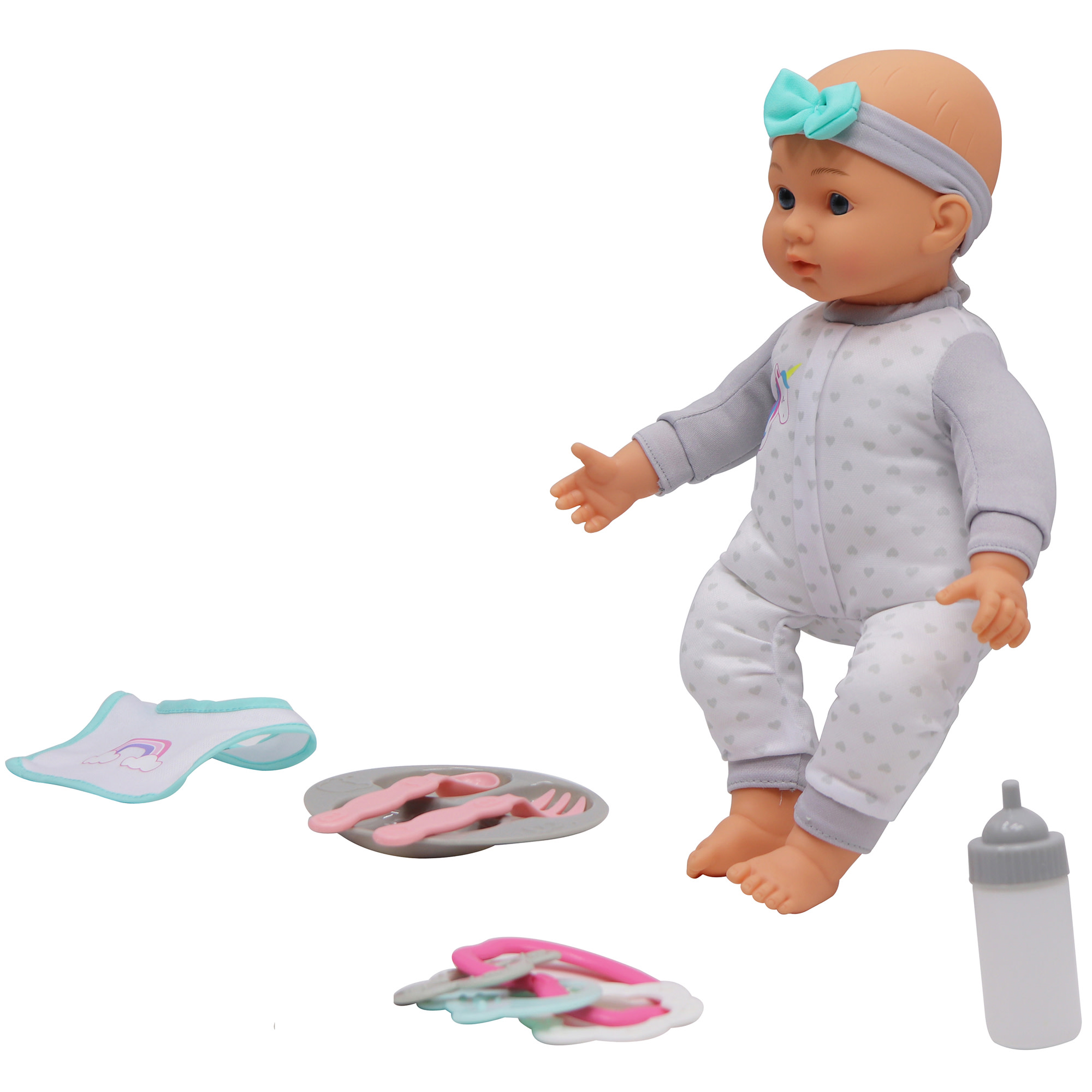Dream Collection: 14" Baby Doll Feeding Playset - Gray Heart & Unicorn Onesie, Rainbow & Blue Bib, Bottle-Bowl-Rattle Toy Accessories, Kid-Toddlers 2+