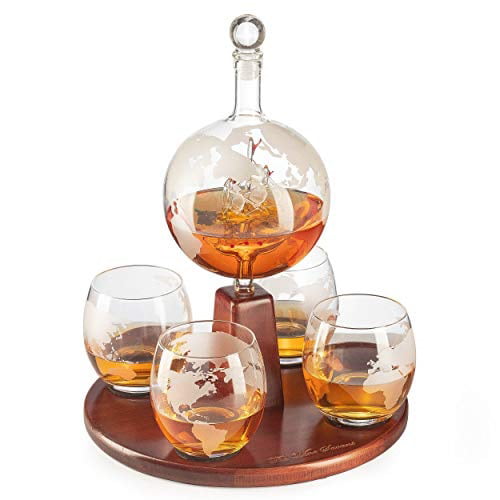 Gift Set with 2 Globe Glasses Rum Vodka Tequila Cheer Collection Globe Etched Whiskey Decanter With Interior Hand-Crafted Glass Ship Gin Liquor Decanter for Scotch Bourbon Cognac Rye 