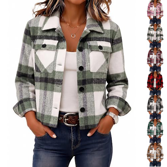 Women's Cropped Plaid Shacket Jacket Button Down Fall Tops Long Sleeve Trendy Winter Outwear