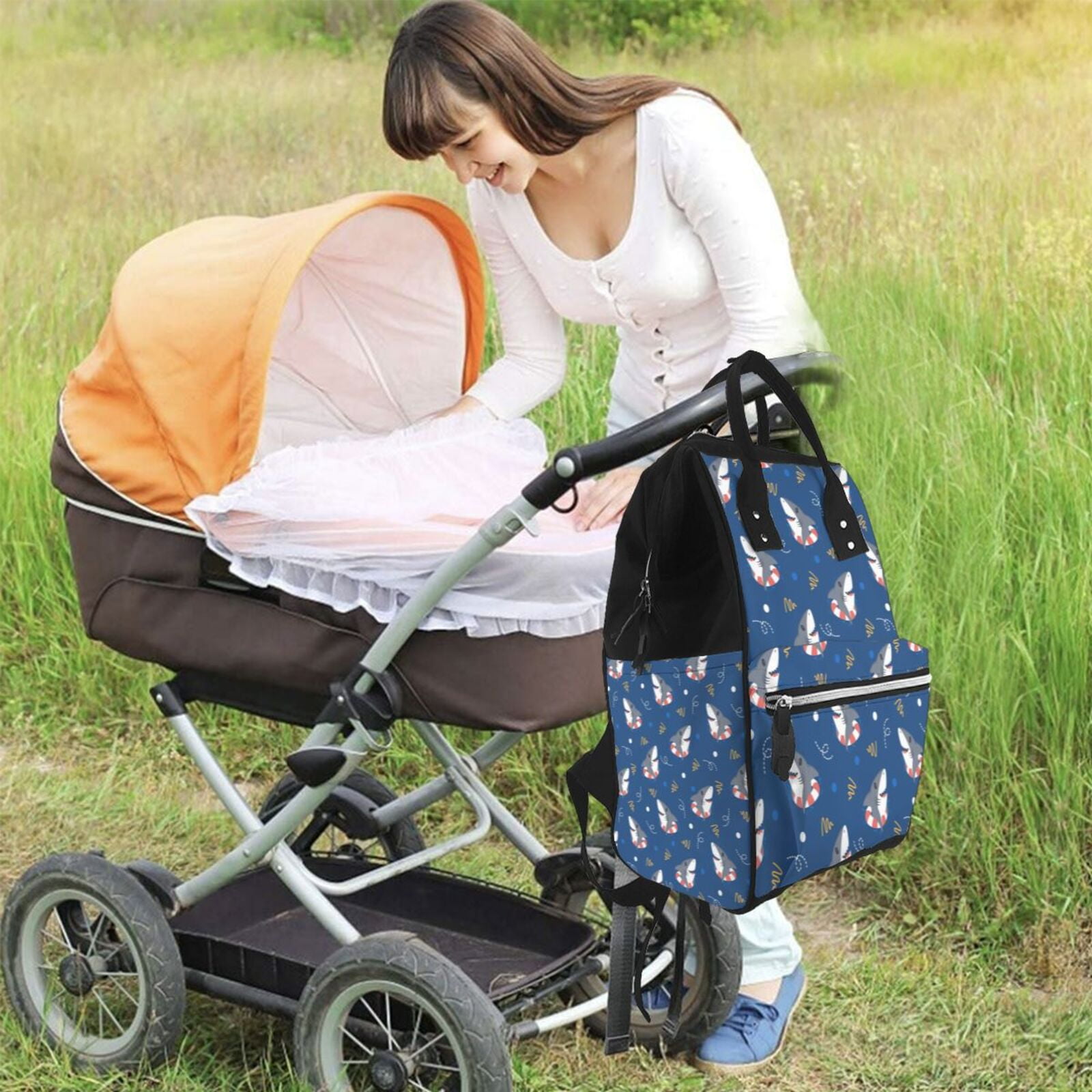 Ratiio Cute Shark Mummy Backpack - Waterproof Twill Canvas, Large Capacity Diaper Bag with Multiple Pockets and Adjustable Straps