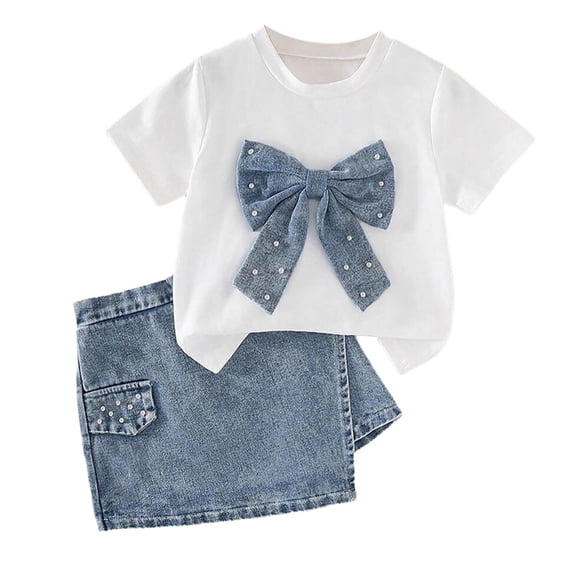 FINALGANG Girls Kids Two Piece Outfit Set Denim Bow Short Sleeve Crewneck TShirts Matching Denim Skirt With Pocket Casual Summer Fashion Set For Daily Wear Leisure Outfit