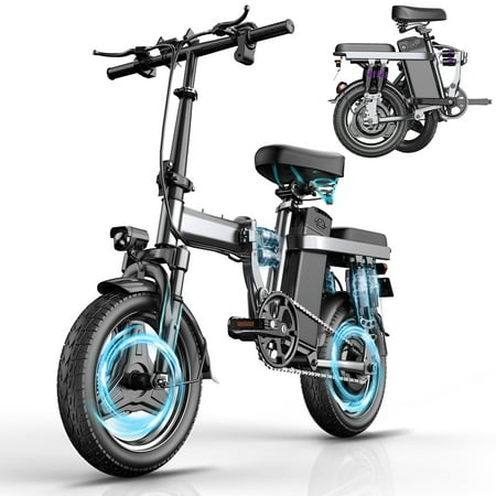 Electric Bike, 20MPH 500W Peak Electric Bike For Adults, Up To 35Miles Adult Electric Bicycles With 2 Seats, 14'' Tire Folding Ebike For Commuter With Full Shock Absorption System
