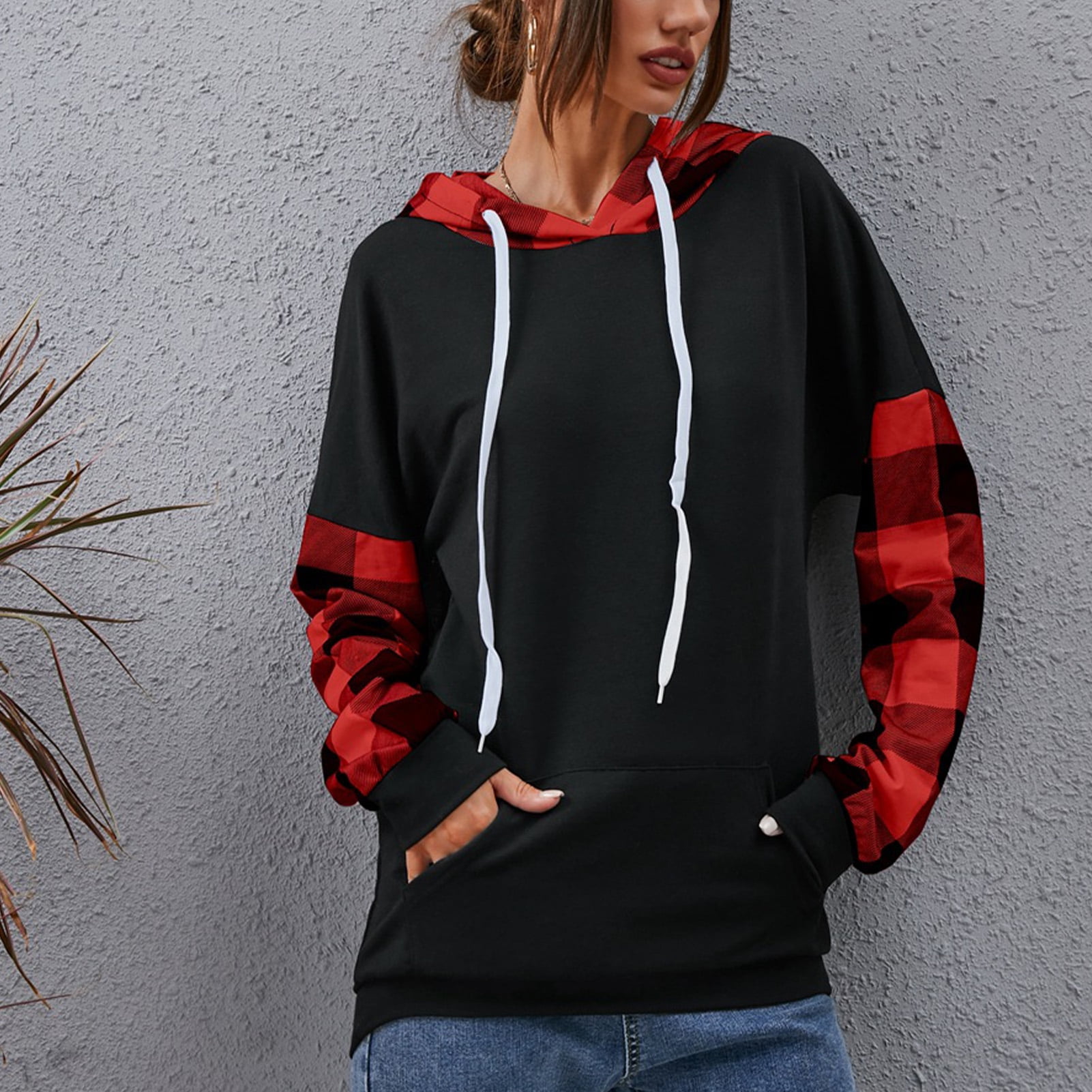 Women Hooded Sweatshirt Plaid Splicing Sleeve Loose Fit Casual Lady Pullover Hoodie with Front Pocket Red S Walmart