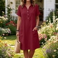 thumbnail image 5 of SAWOBUUN Women Cotton Linen Shirt Dress Short Sleeve Collar Washed Crinkle Loose Midi Dresses Summer Casual Tunic Dress with Side Pockets, 5 of 7