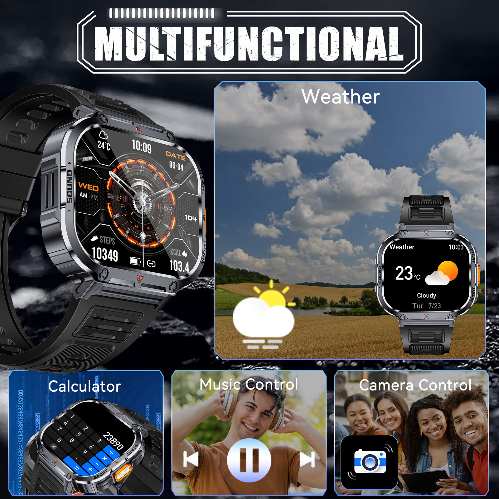 VOPOCO NX23 Smart Watch for Men with Flashlight 2.0'' HD Big Screen Rugged Smart Watch, 400mAh Battery, 100+ Sports Modes Watch for iOS Android, 1pc