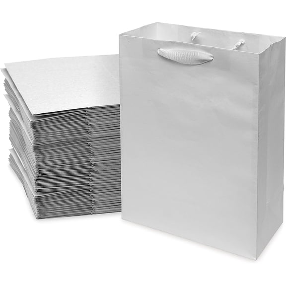 Prime Line Packaging Medium PB Twill White Paper Shopping Bags 50 Pack - 10x5x13