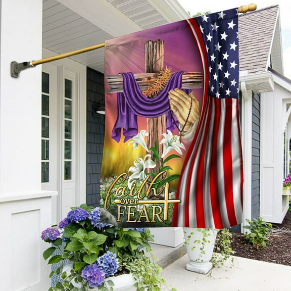 Easter Day. Faith Over Fear. Christian Cross. American Flag THN3774F - House Flag (29.5" x 39.5")