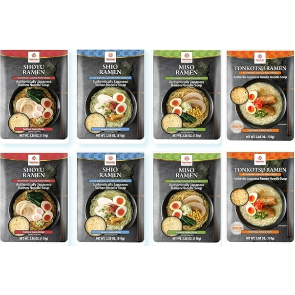 Hakubaku Authentic Japanese Ramen Noodles Variety Pack, 8 Pouches Shio, Shoyu, Tonkotsu, Miso