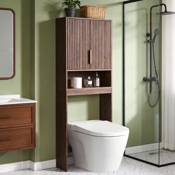 Ktaxon Fluted Over the Toilet Bathroom Storage Cabinet with 2 Doors & 3 Storage Shelves Space Saver, Walnut