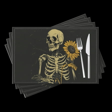 

Bahomeck Placemats Set Of 4 Rectangle Linen Cotton Placemats For Dining Table Fade Resistance Washable Heat Resistant，18*12Inch Old Skeleton Holding Sunflower