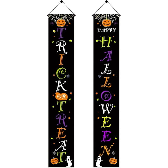 Trick or Treat Porch Banners 12x71 Inch Happy Welcome Hanging Banner for Halloween Party Decor Spooky Ghost Door Banners for Halloween Autumn Home Porch Outdoor Decor