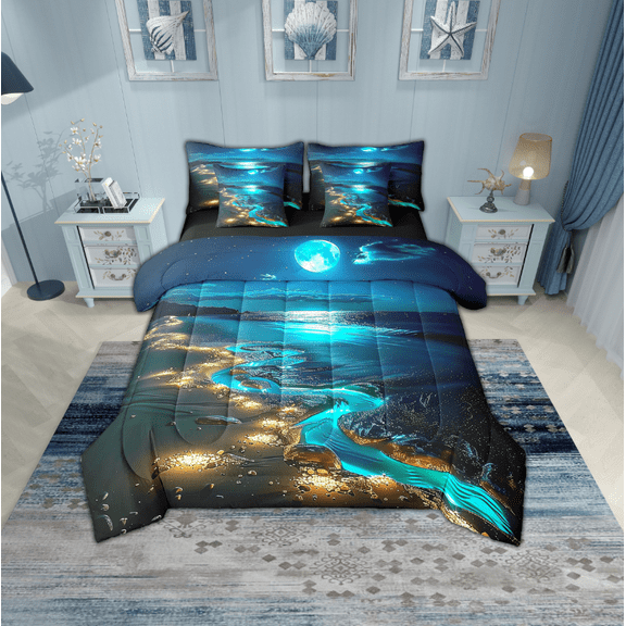 Erosebridal Sea Beach Bedding Sets Twin Size,Blue Golden Comforter Sets with Sheets,Moon Sky Bed in a Bag Twin size,Breathable Ocean Bedroom Decor,Reversible,7-Piece