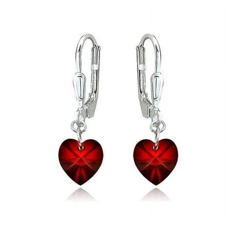 Sterling Silver Dark Red Dainty Heart Dangle Leverback Earrings Made with Swarovski Crystals