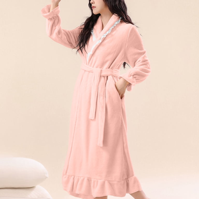 Ladies Robe With Ruffles Ladies Flannel Robes for Women Long Sleeve Ruffle Warm Basic Fall ...