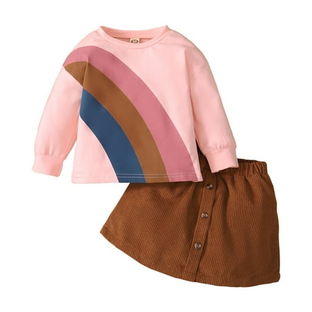 

12 Months Baby Girls Clothes 24 Months Girls 2PCS Fall Winter Outfits Round Neck Toddler Girls Long Sleeve Top Corduroy Skirt Set Pink