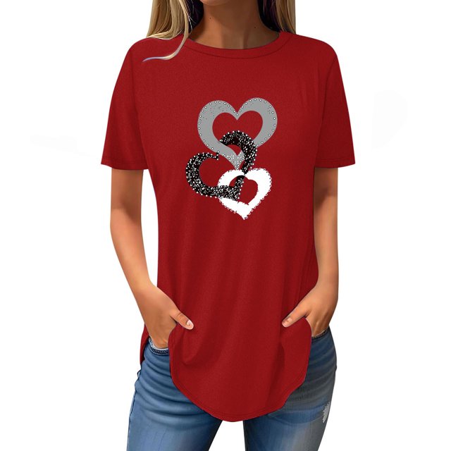 FAIWAD Tunique à Manches Courtes pour Femmes Col Rond Blouses Amples T-shirts Graphiques Cœur Mignon