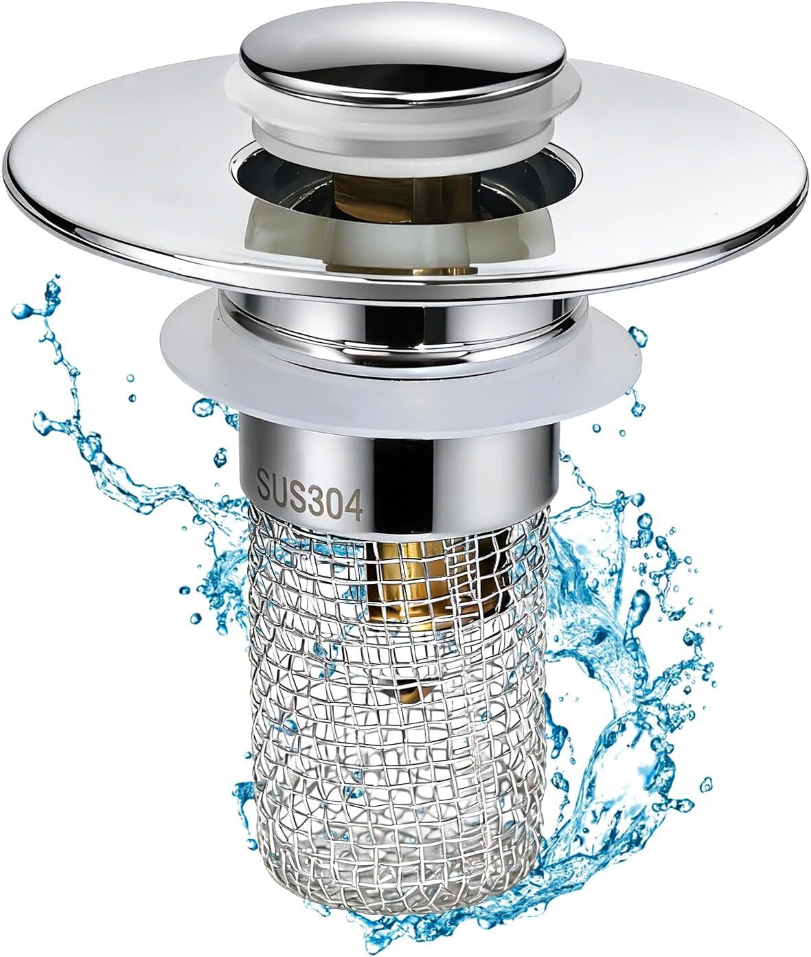 KENPMA 3-in-1 Bathroom Sink Drain Strainer & Pop-Up Stopper – Removable Stainless Steel Filter Basket, Brass Core, Fits 1.1–2.36 Inch Drains, Chrome Finish