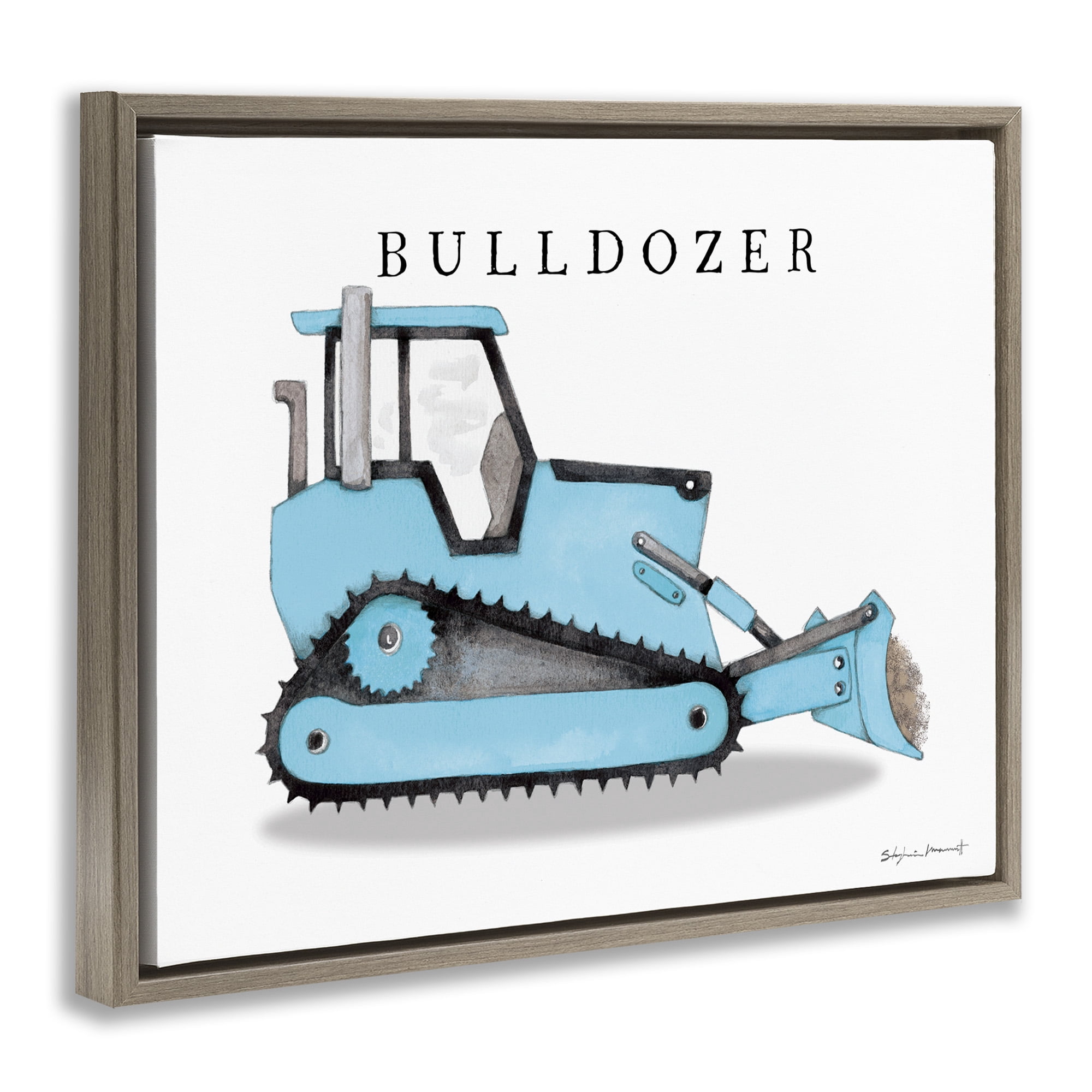 Stupell Industries Blue Bulldozer Construction Machine Art for Kids Painting Brown Floater Framed Canvas Art Print Wall Art, 21 x 17