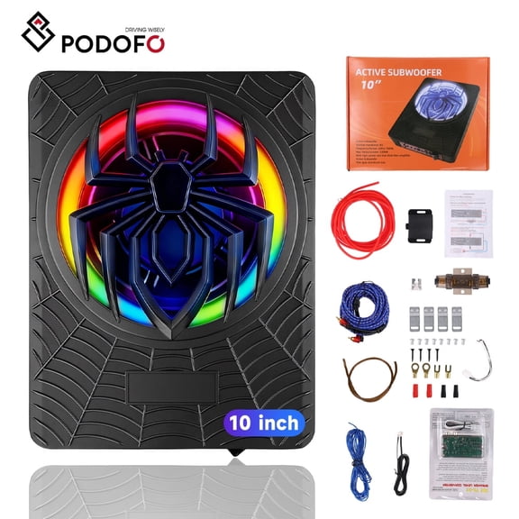 Podofo 10" 1200W Slim Powered Under seat Subwoofer, Car Subwoofer Amplifier Amp Combo Variable Bass Boost & Phase Control for Deep Bass in Truck/SUV/Car/Jeep with LED Light APP Control  Mounting Wire