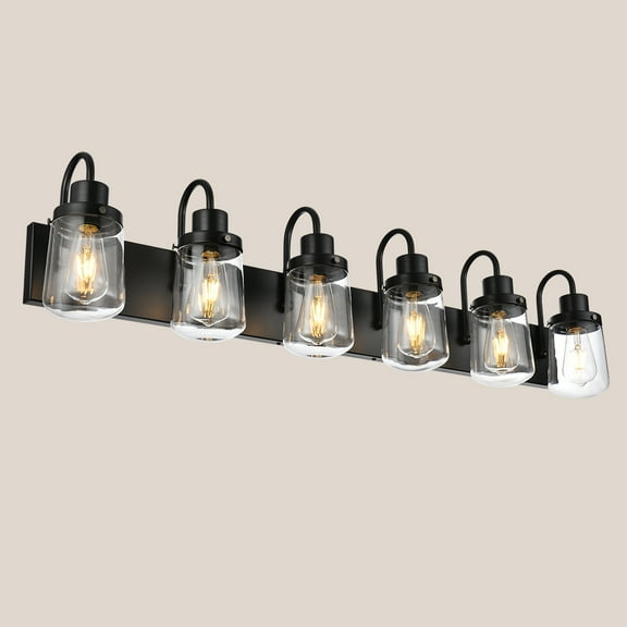 Melucee Bathroom Lights Over Mirror, Black Vanity Light Fixtures with 6 Clear Glass Globe Shades for Hallway Kitchen Living Room