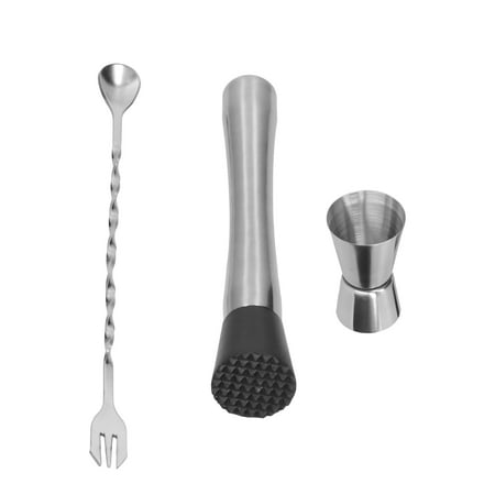 

Stainless Steel Cocktail Jigger Muddler Stirring Spoon Set Bartender Accessory Barware Essentials for Home Mixology 3-Piece Bar Tool Set with Durable Construction and Easy Cleaning