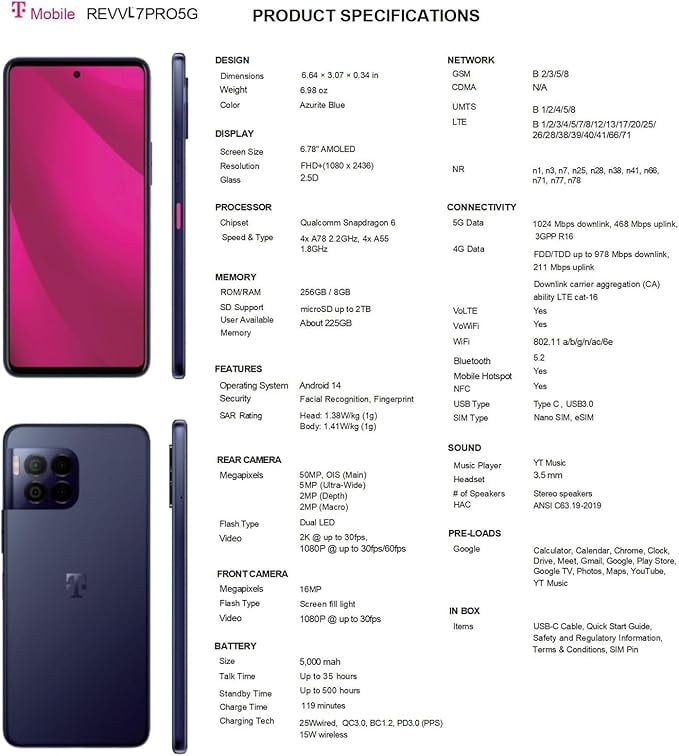 T-Mobile Revvl 7 Pro 5G GSM Unlocked Cell Phone 256GB 8GB RAM, 5000 mAh,6.78 in, Android 14, Azurite Blue
