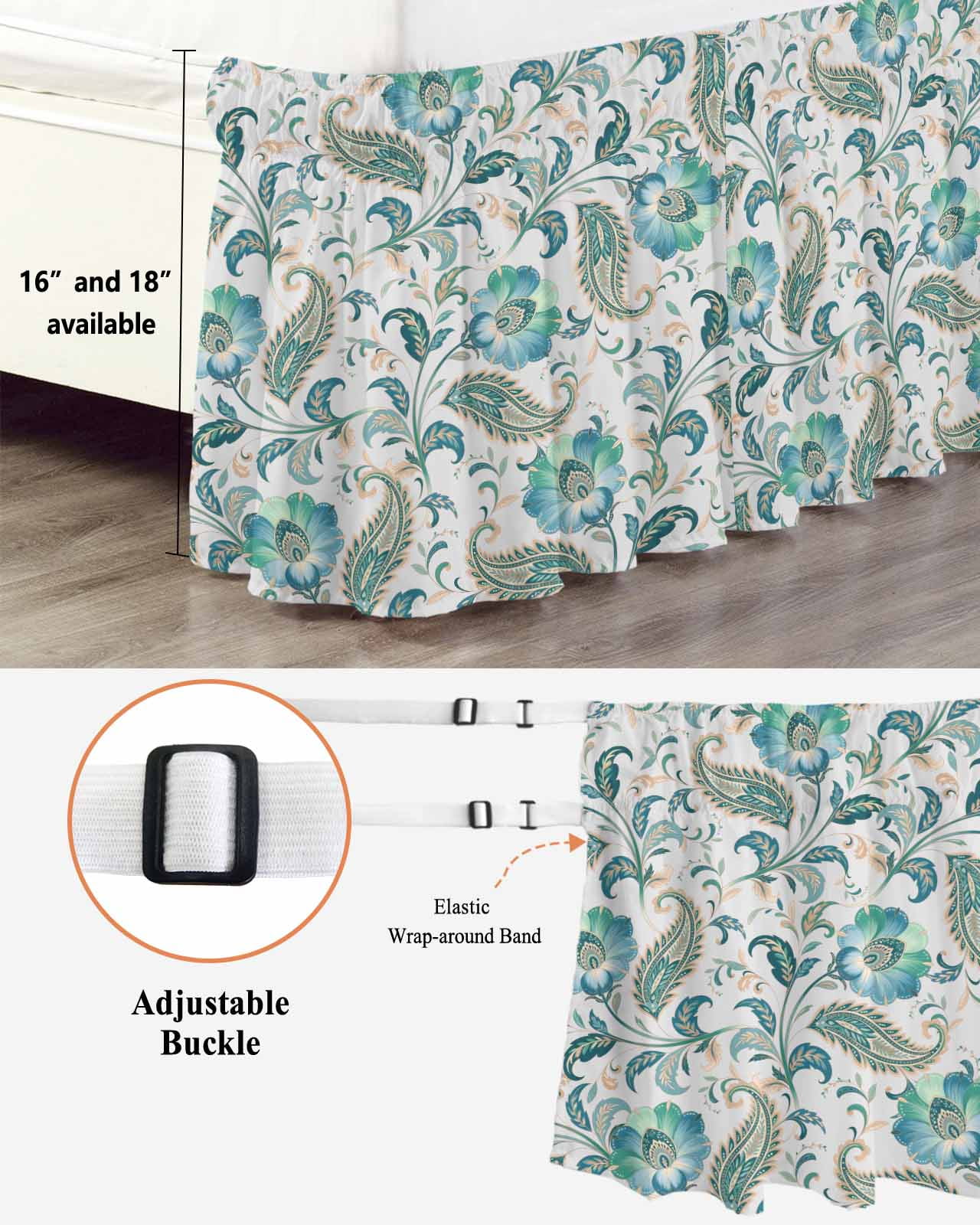 Teal Paisley Floral Wrap Around Bed Skirts for Queen Bed 16" Drop,Bed Skirt with Adjustable Elastic Belt Dust Ruffle Bed Valance for Bedroom Hotel Luxury Boho Ethnic Tribe Traditional Bed Frame Cover