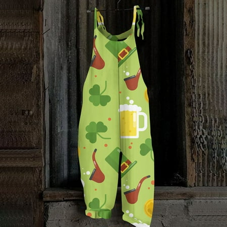 Womens Jumpsuits Dressy  St Patricks Day Gifts  Overalls for Women Loose Fit  Women Bodysuit  Women s Jumpsuit Printed Casual Loose Vintage Cotton Linen Back Pants  Light Green