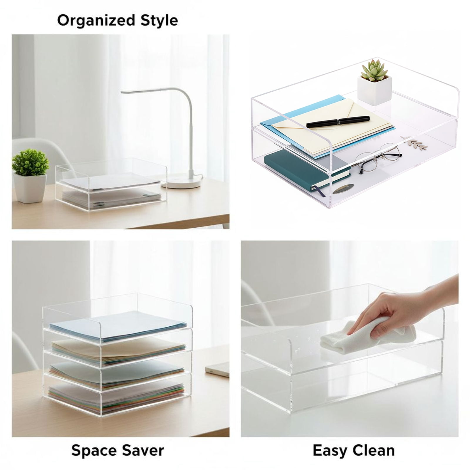 2 Pcs Stackable Paper Letter Tray, A4 Size Acrylic Desk Organizer with Open Front, Clear File & Document Holder for Office Storage, Vertical Tray for Desk Organization