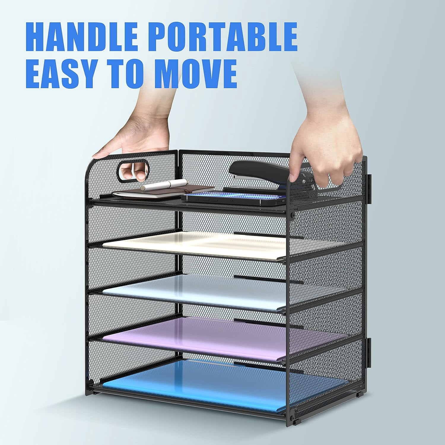 INTIGE 5-Tier Desk Organizer with Handle Mesh Desk File/Paper Organizer Letter Tray for Office
