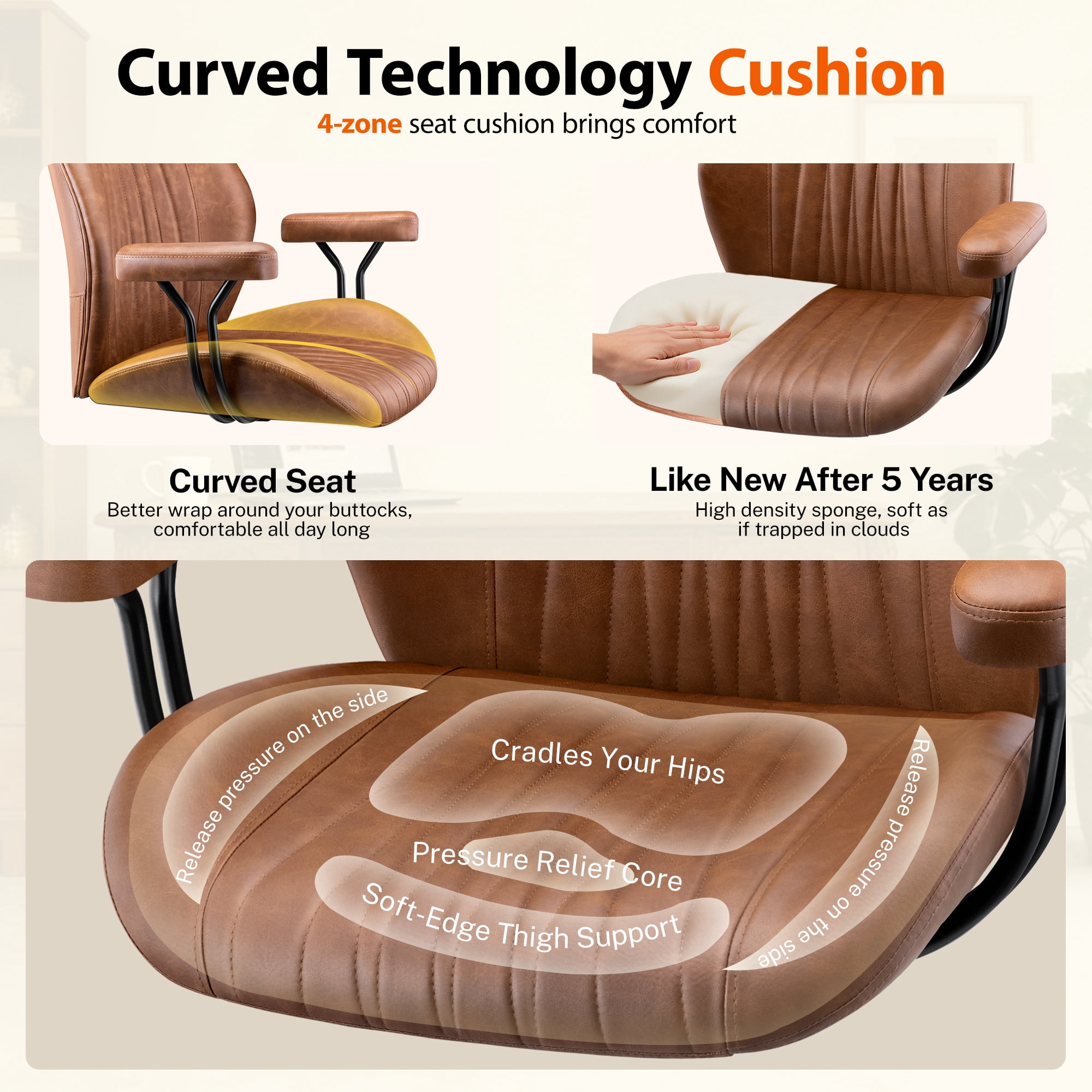 COOLHUT Home Office Chair, PU Leather Ergonomic Computer Desk Chair with Removable Armrests, Mid Century Modren Armrest Office Chair, Rocking Swivel Task Chair, Brown