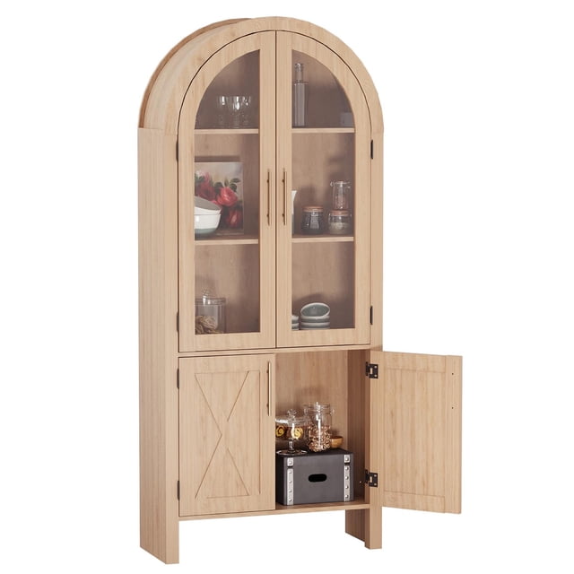 Yeshouse Vitrina arqueada de 152 cm con detalles estriados, estantería bohemia con puerta de cristal, despensa alta de madera de 5 niveles, aparador arqueado para entrada, cocina y sala de estar